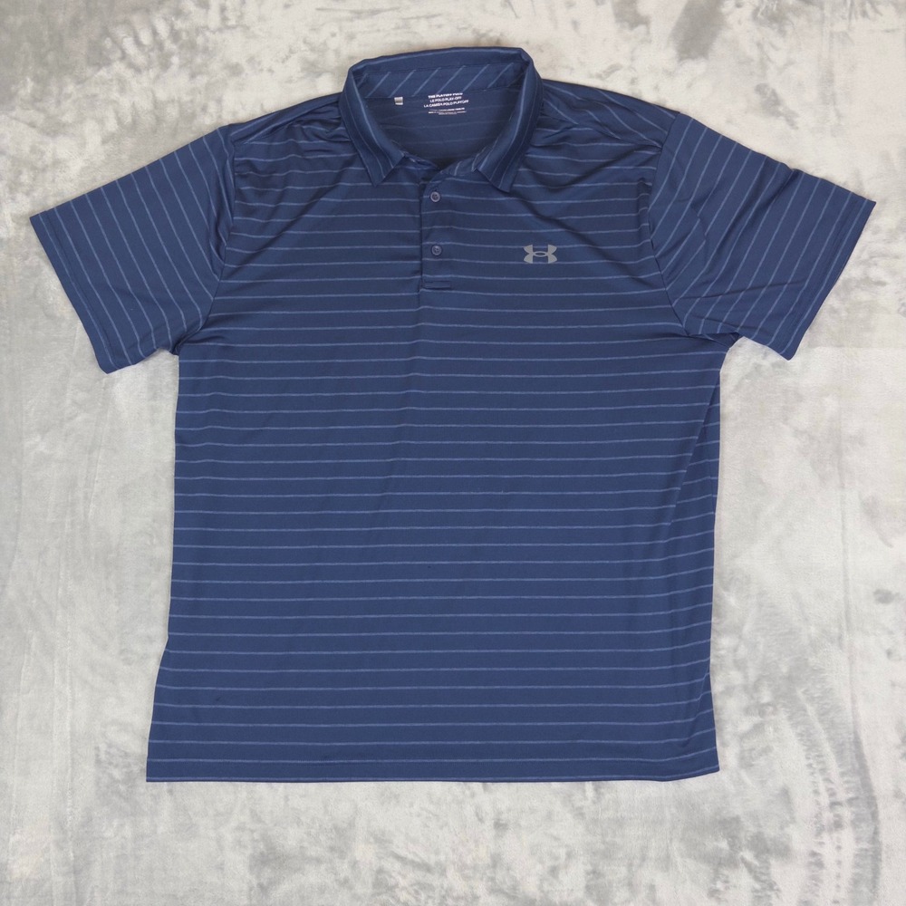 Under Armour Playoff Polo Mens XXL Navy Blue Striped HeatGear Golf Shirt Loose